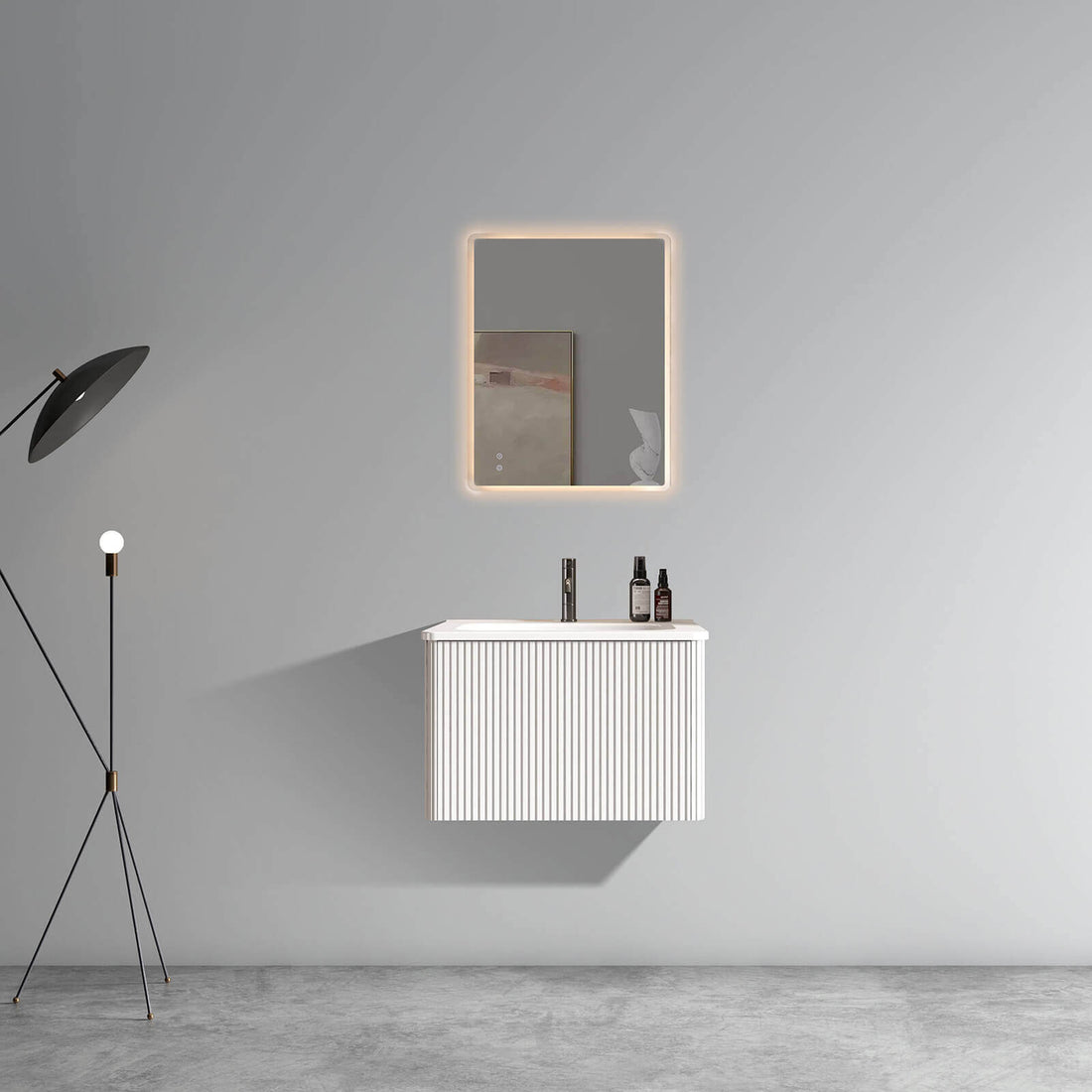 24-inch white bathroom vanity with rounded edges for family safety