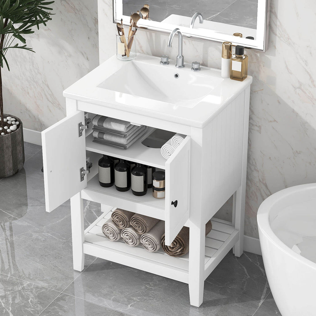 24" Modern Freestanding Bathroom Vanity with Open Style Shelf, Including Ceramic Sink