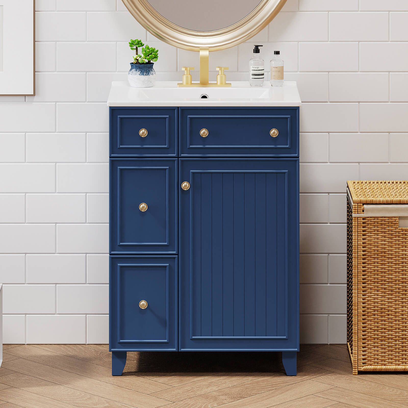 24 inch Small Navy Blue Bathroom Vanity with 2 Drawers