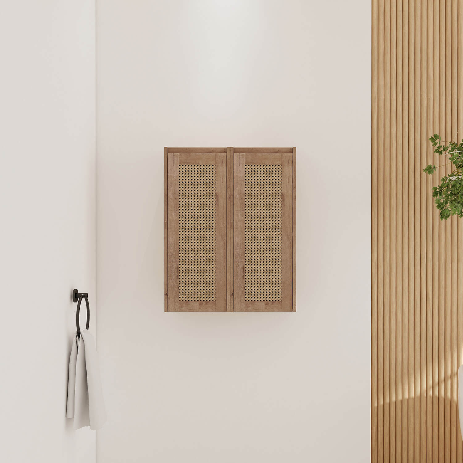 24 inch White Oak Bathroom Wall Cabinet with Rattan Door and Shelves