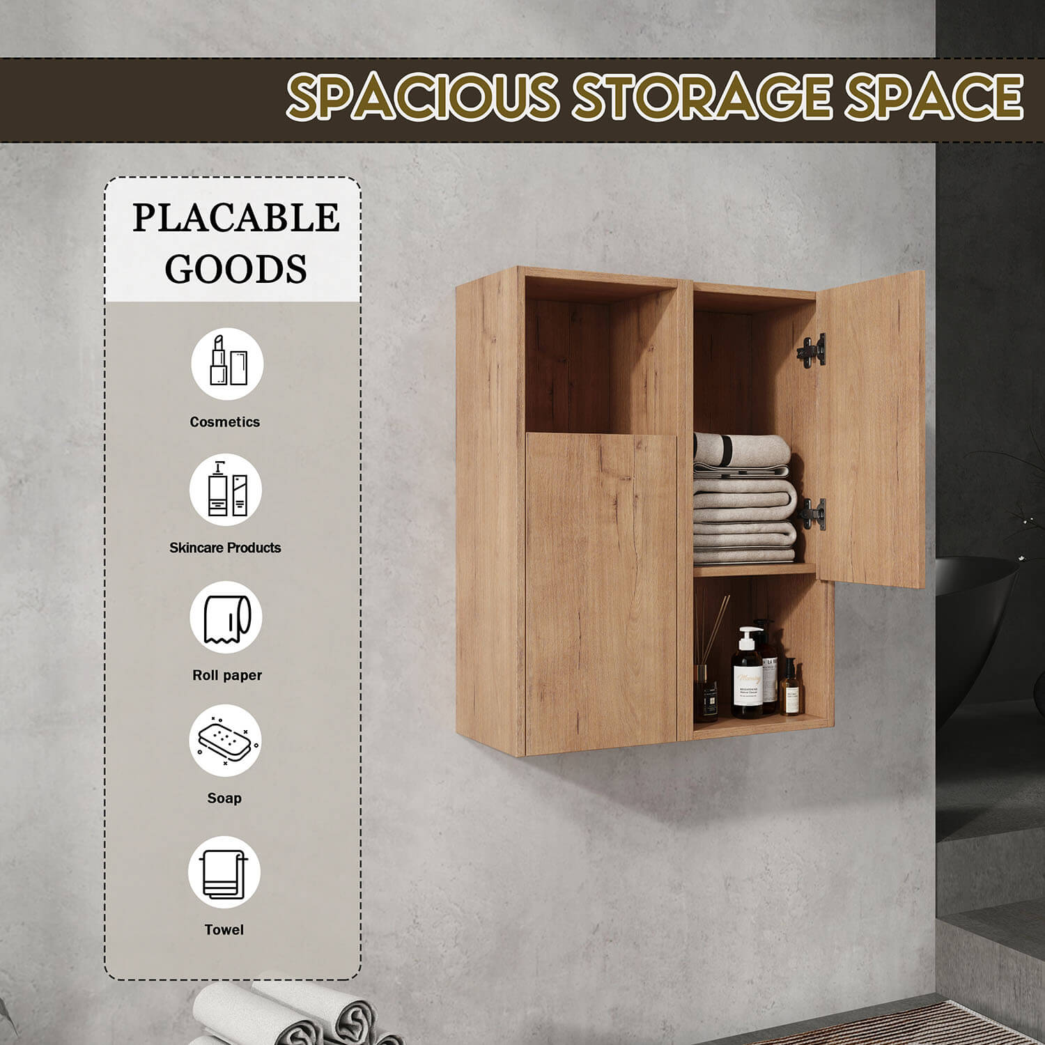 24 inch White Oak Bathroom Wall Cabinet with Soft-Close-Doors and Open Shelves