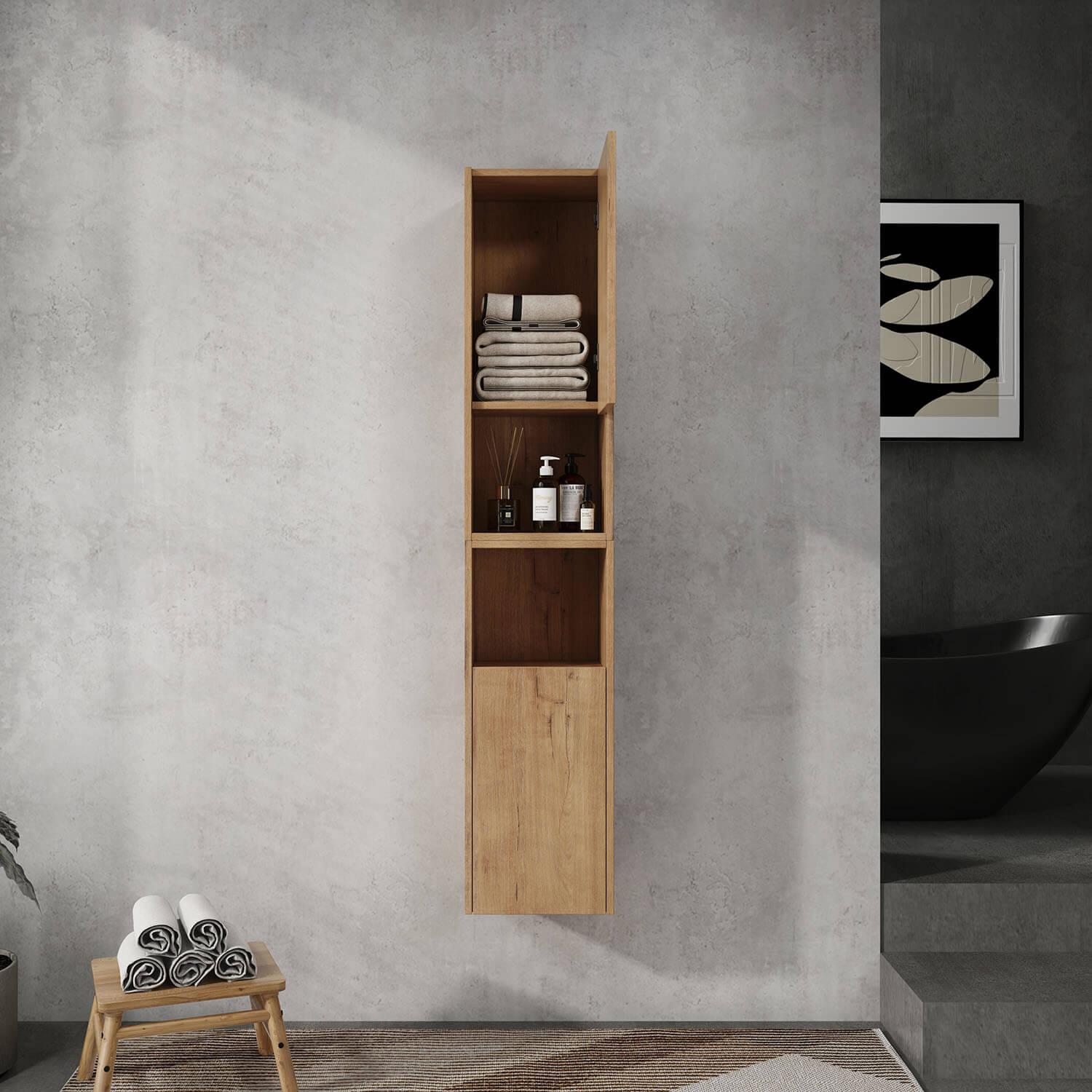 24 inch White Oak Bathroom Wall Cabinet with Soft-Close Doors and Open Shelves