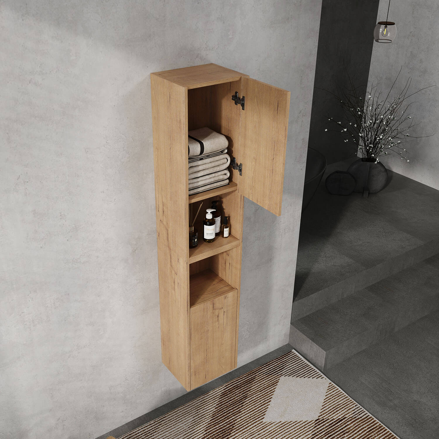 24 inch White Oak Bathroom Wall Cabinet with Soft Close Doors and Open-Shelves