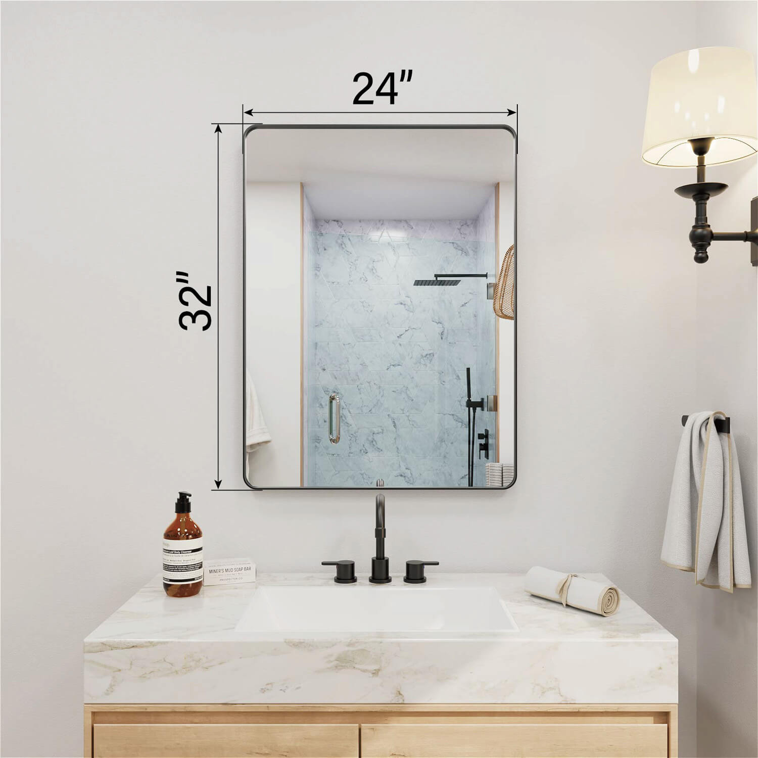 24 x 32 inches black framed rectangular wall mounted bathroom mirror