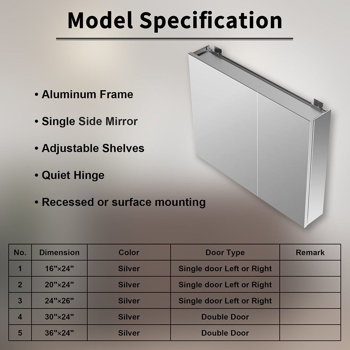 Aluminum medicine cabinet specifications and available sizes.