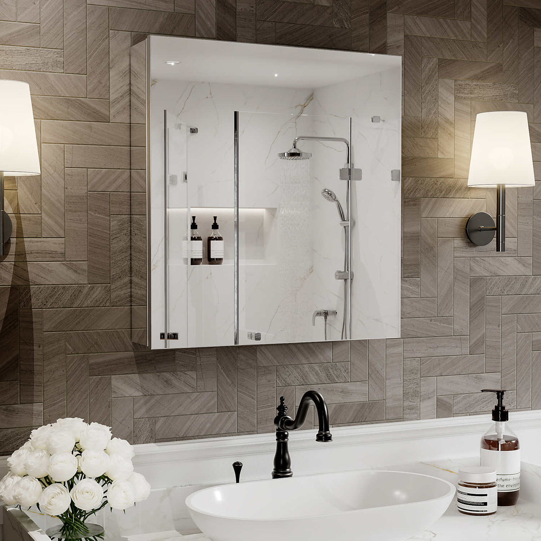24 x 26-inch mirrored medicine cabinet on a patterned tile wall.