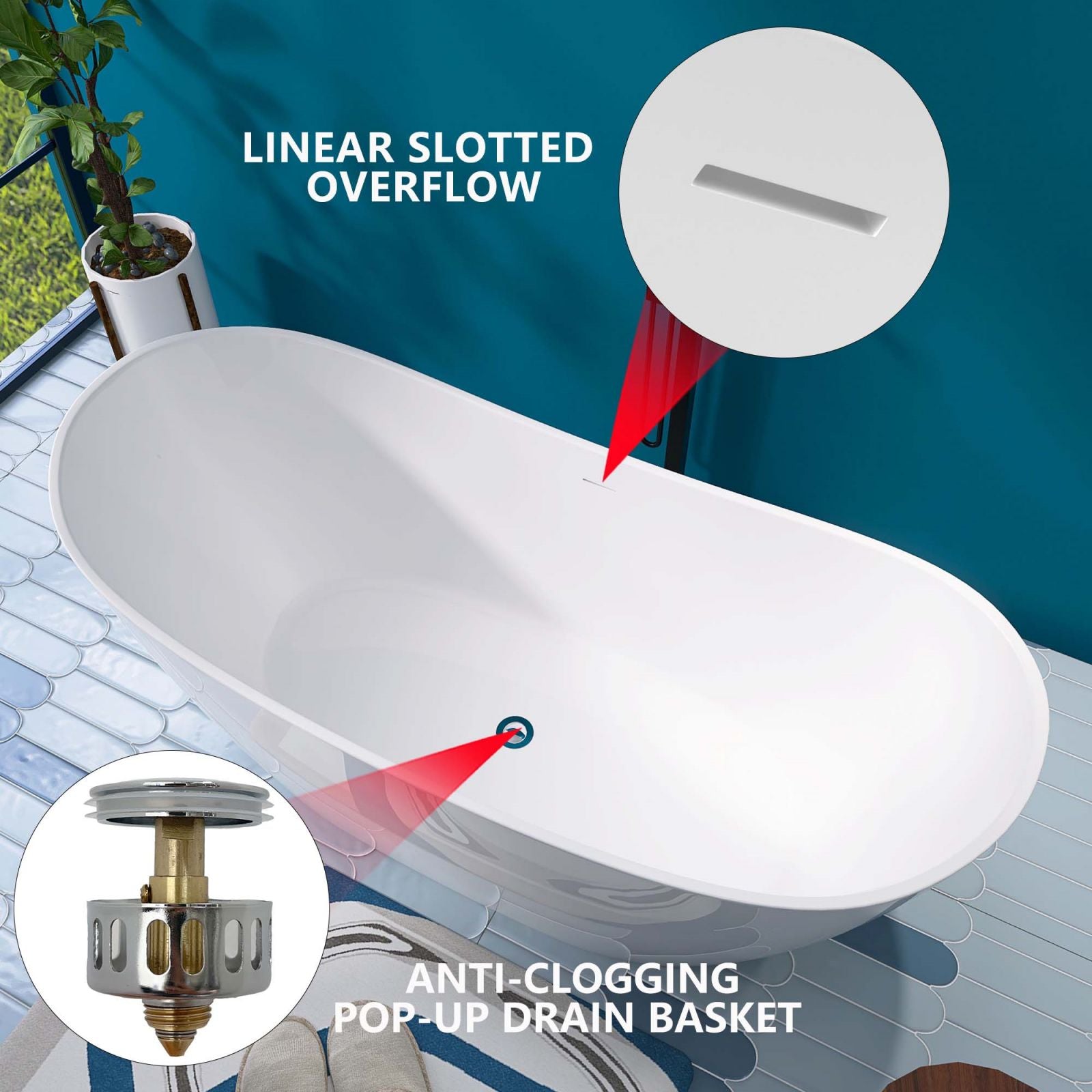 Overflow and Outlet Design for 68" Double Slipper Acrylic Soaking Tub