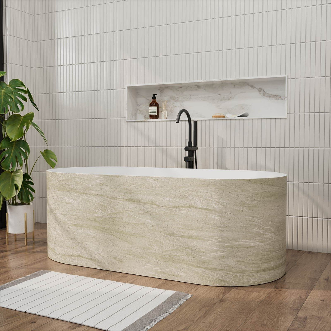 63" Beige Freestanding Solid Surface Bathtub in Stone Resin