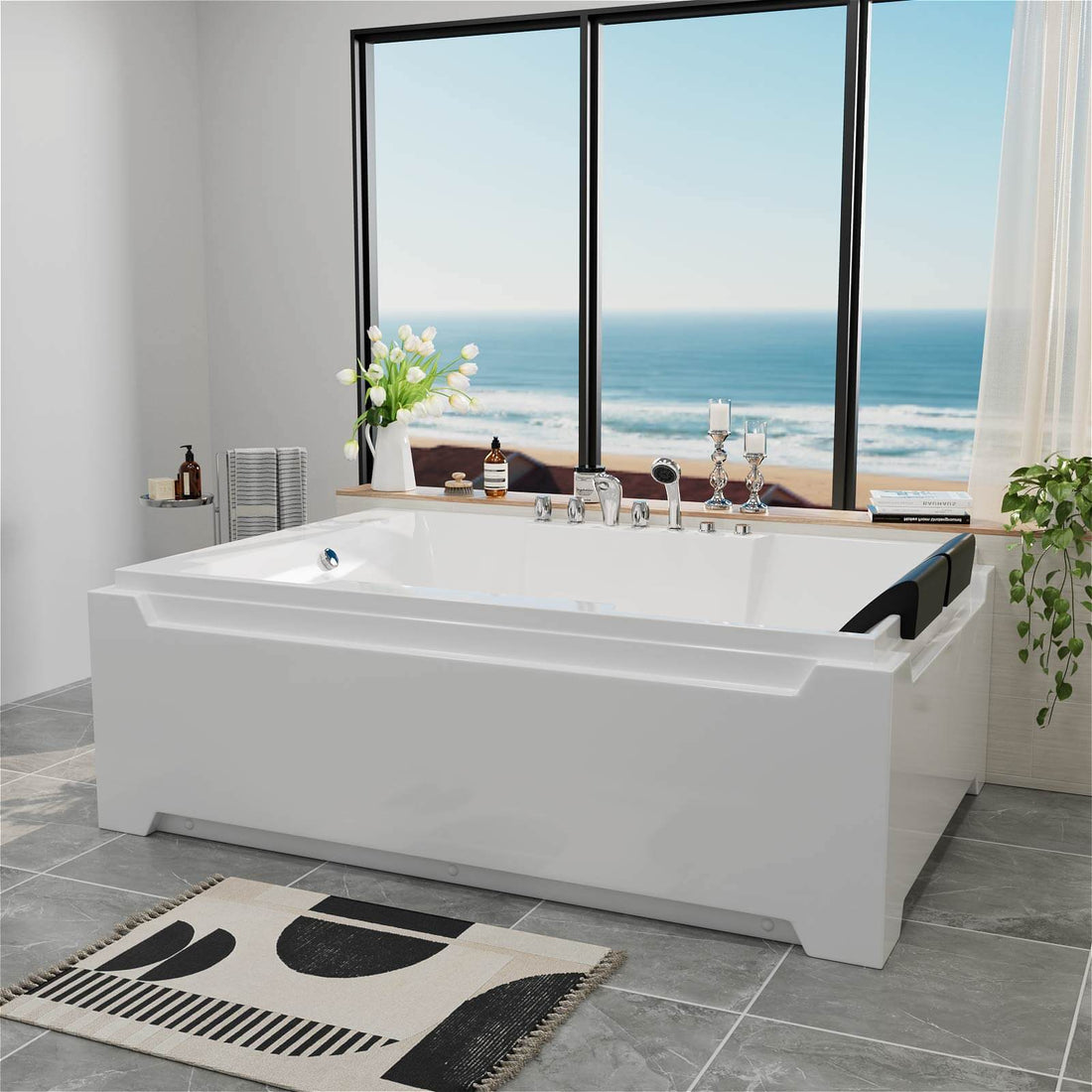 73" 2 Person Whirlpool Tub with 8 Jets, Chromatherapy Lights, Includes Faucet & Bath Pillow