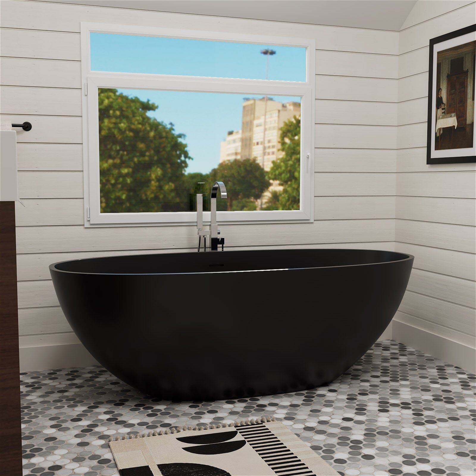 55" Solid Surface Stone Resin Oval-shaped Freestanding Soaking Bathtub with Overflow