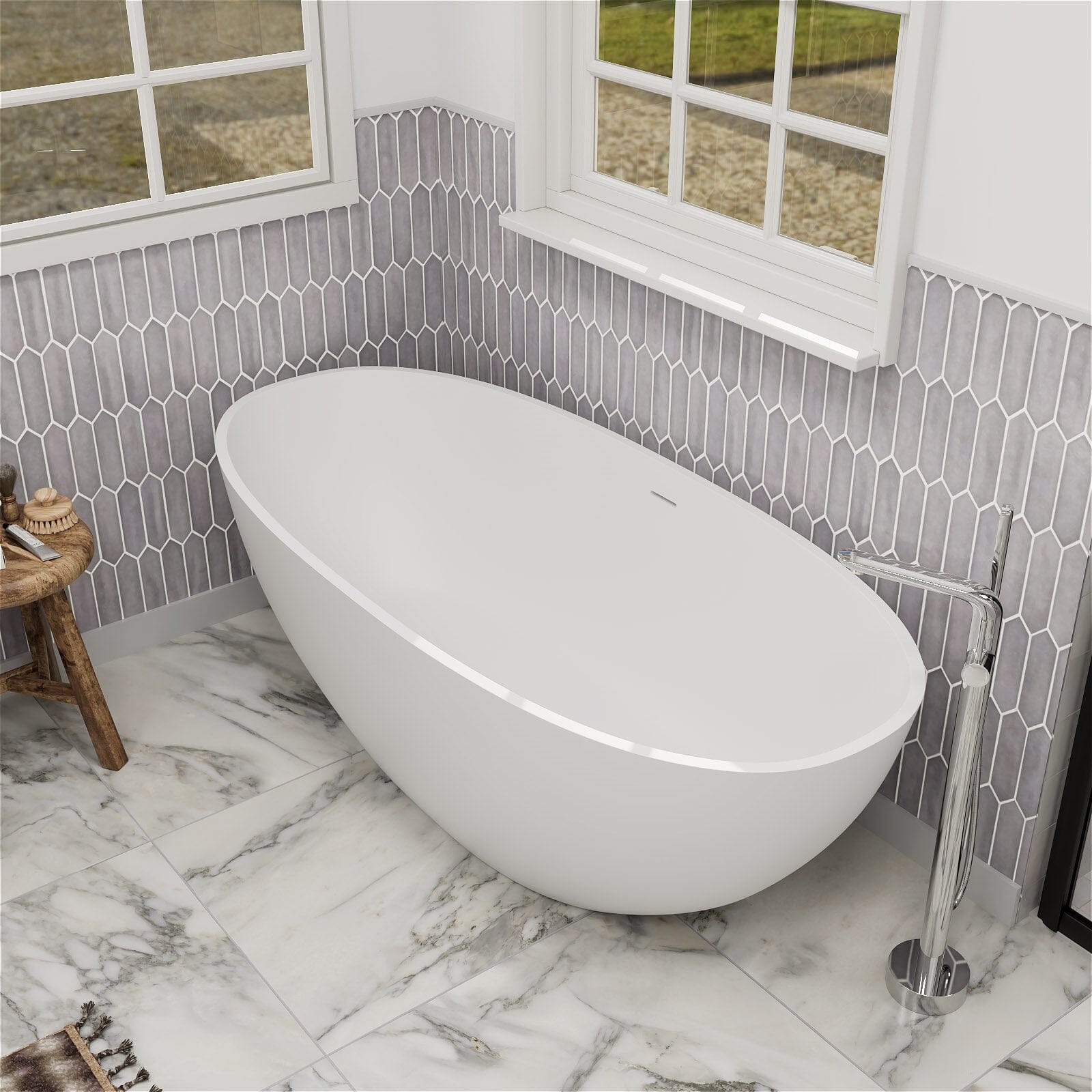 55" Solid Surface Stone Resin Oval-shaped Freestanding Soaking Bathtub with Overflow