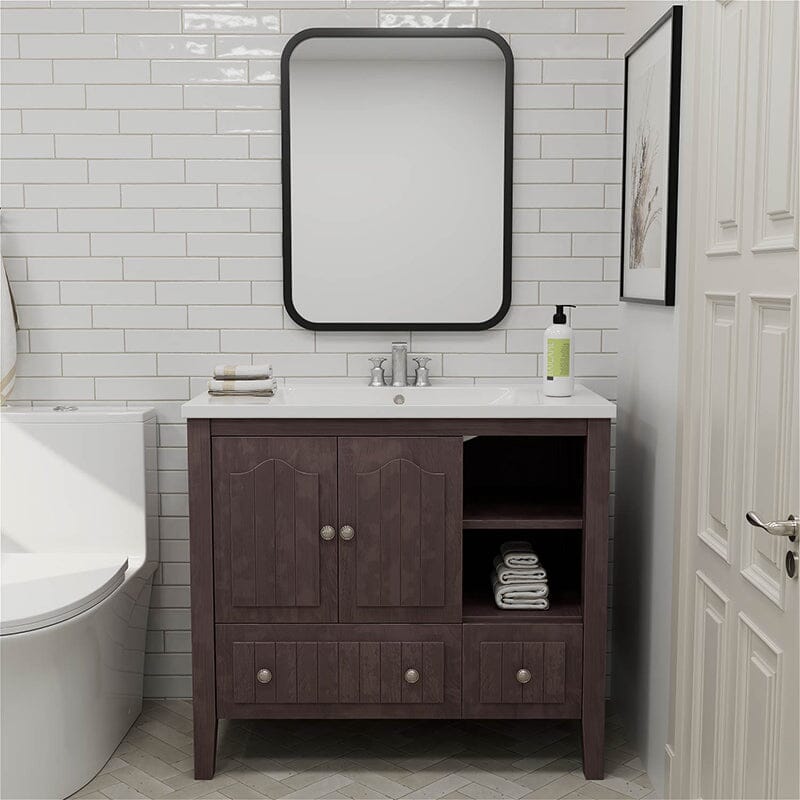 36" Brown Bathroom Vanity with Ceramic Basin, Bathroom Storage Cabinet with Two Doors and Drawers