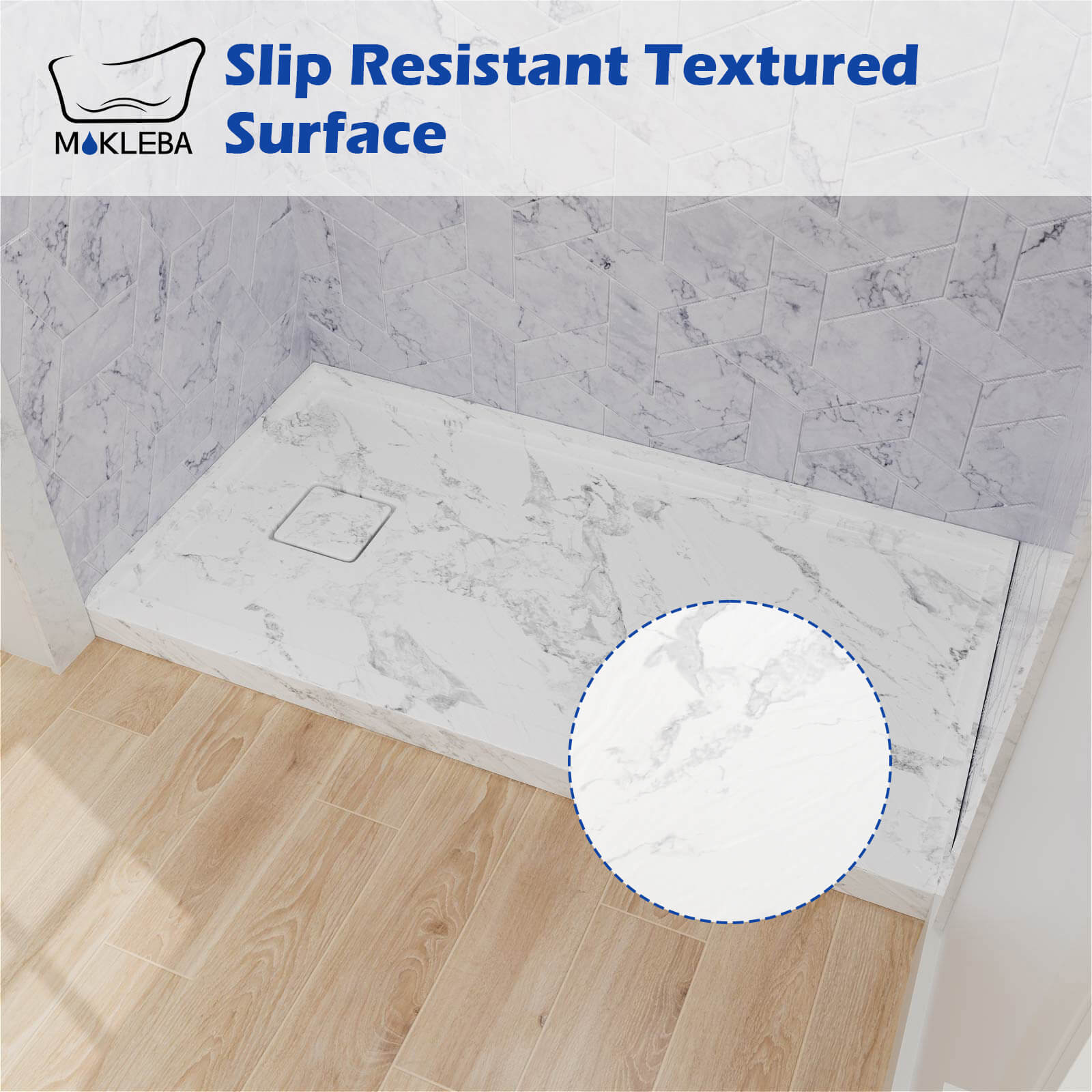 marble look alcove shower base with anti slip texture