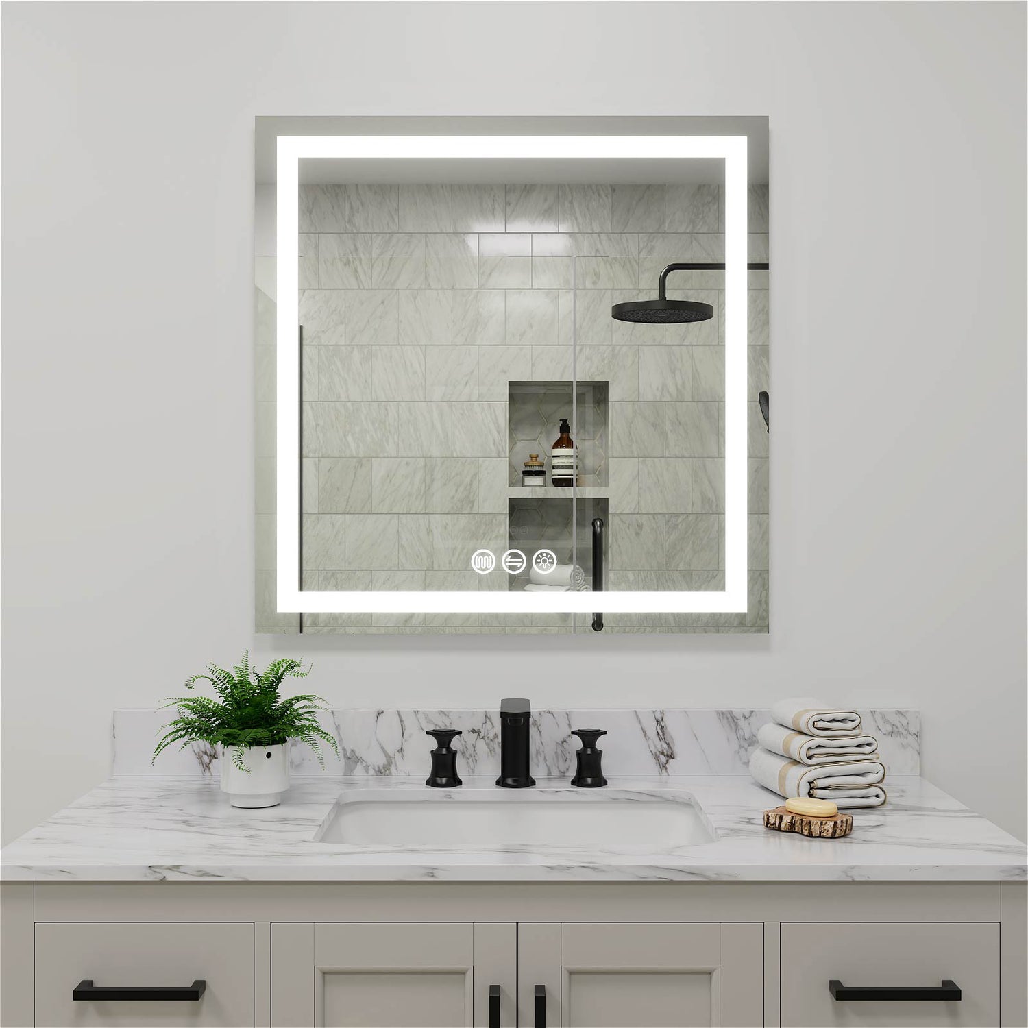 36" x 36" Square Frameless LED Lighted Wall Mount Bathroom Vanity Mirror with Memory Function