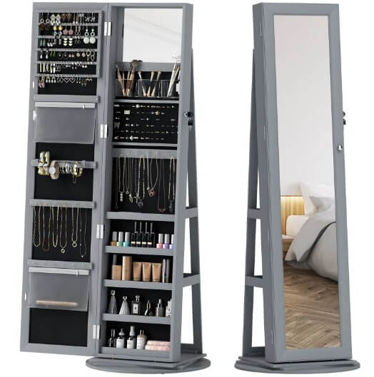 Lockable 360° Gray Swivel Full-Length Jewelry Cabinet Mirror with Storage Shelves