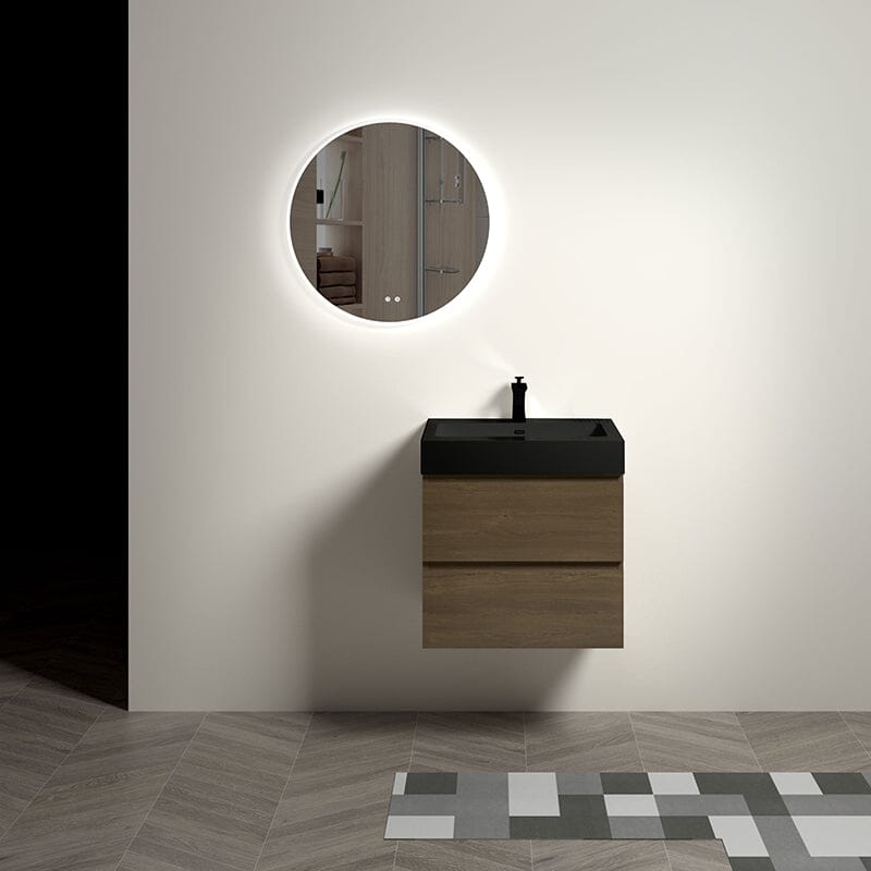 Mueble de baño de roble oscuro de 24 pulgadas con lavabo, de una sola pieza, para montaje en pared.