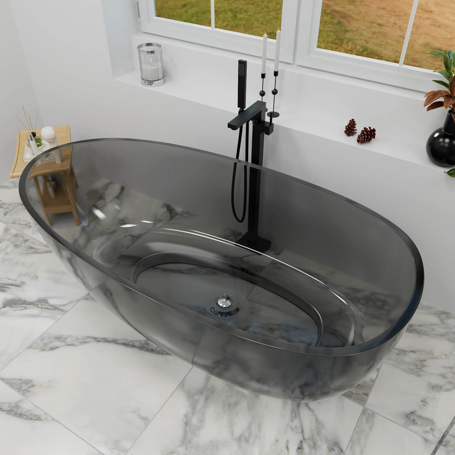 67" Modern Art Resin Tub, Gray Transparent Egg Shape Freestanding Soaking Bathtub for Hotels