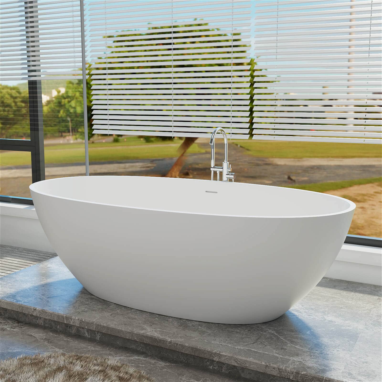 71" Solid Surface Stone Resin Oval-shaped Freestanding Soaking Bathtub with Overflow