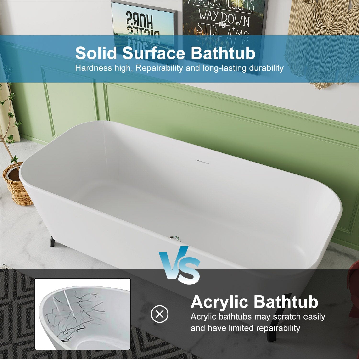 67" Clawfoot Tub Solid Surface Stone Resin Freestanding Soaking Bathtub