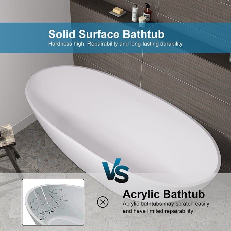 71" Solid Surface Stone Resin Oval-shaped Freestanding Soaking Bathtub with Overflow