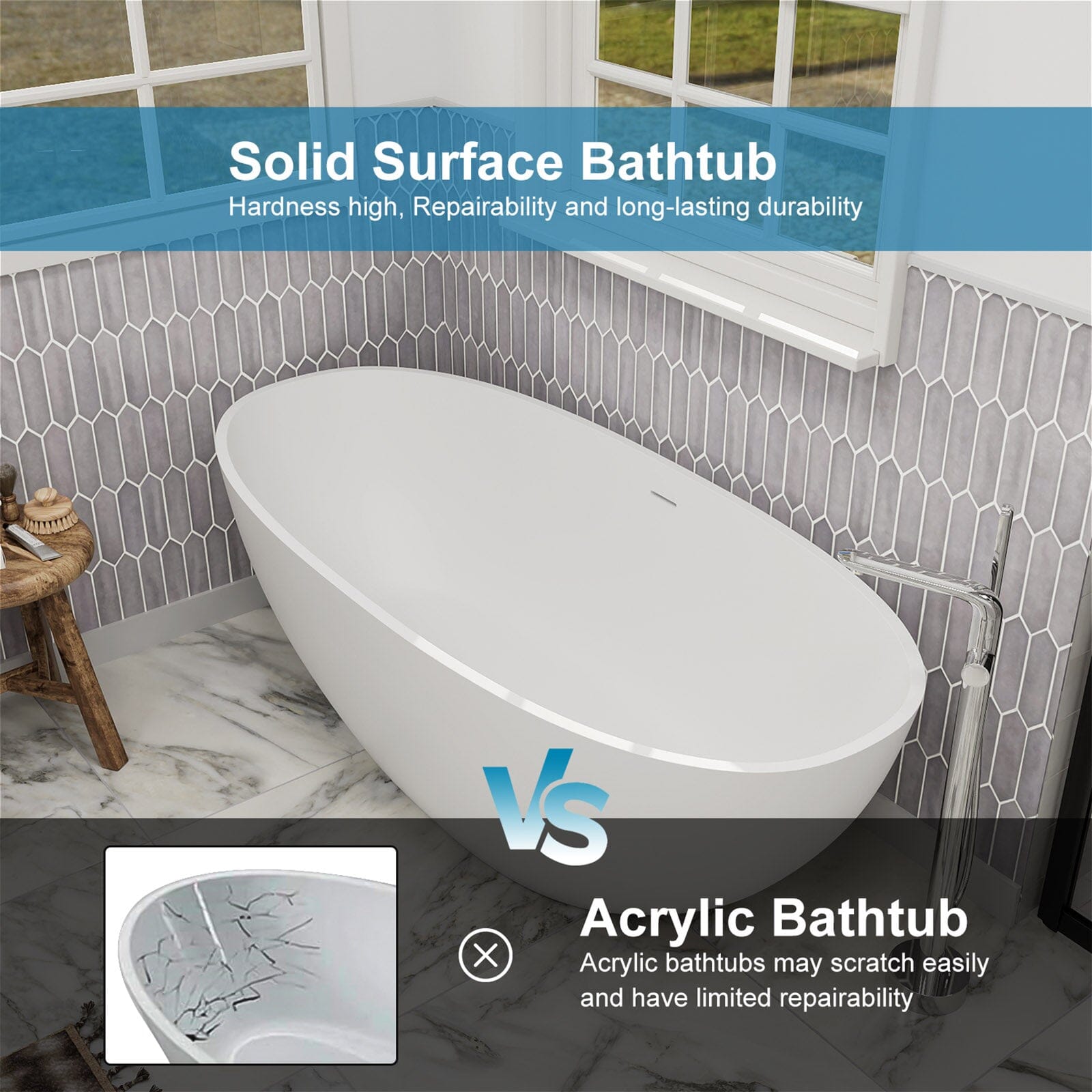 55" Solid Surface Stone Resin Oval-shaped Freestanding Soaking Bathtub with Overflow