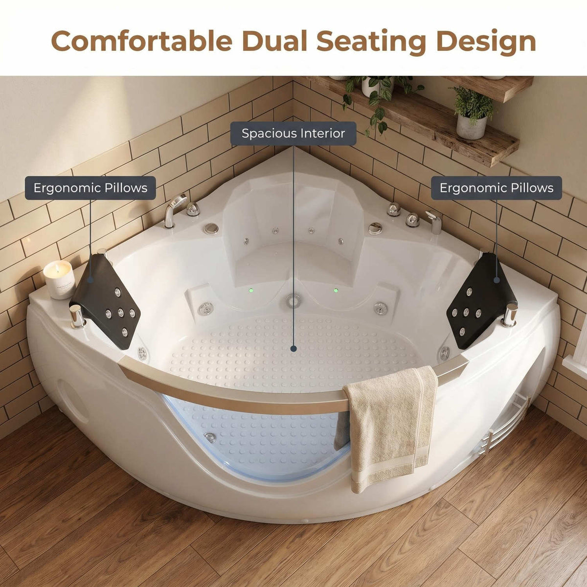 2 Person Corner Jetted Tub Ergonomic Pillows Spacious Interior