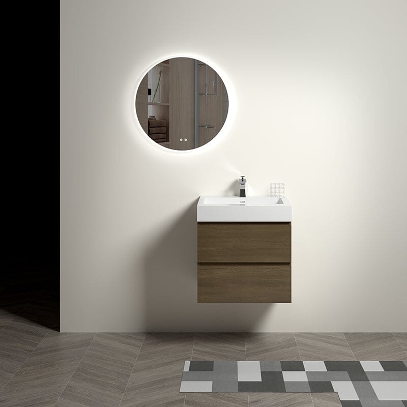 Mueble de baño de roble oscuro de 24 pulgadas con lavabo, de una sola pieza, para montaje en pared.