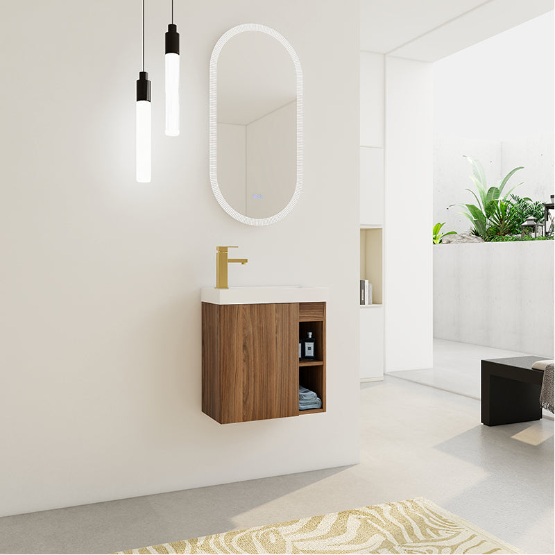 Mueble de baño flotante de 20 pulgadas para montaje en pared con lavabo de resina y puerta de armario con cierre suave.