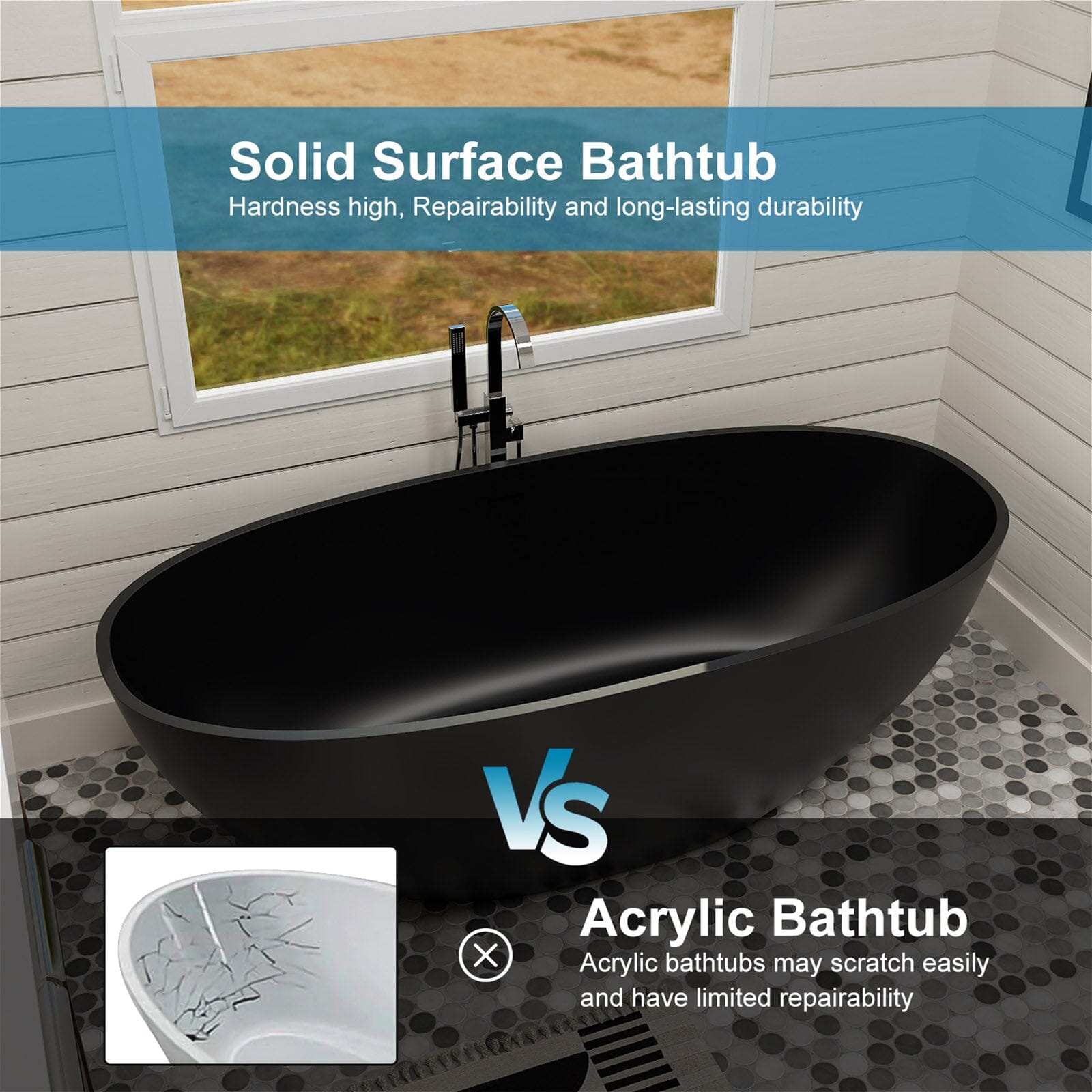 55" Solid Surface Stone Resin Oval-shaped Freestanding Soaking Bathtub with Overflow