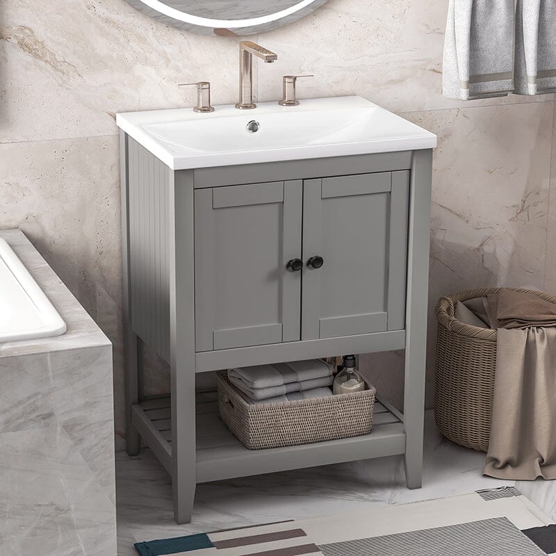24" Modern Freestanding Bathroom Vanity with Open Style Shelf, Including Ceramic Sink