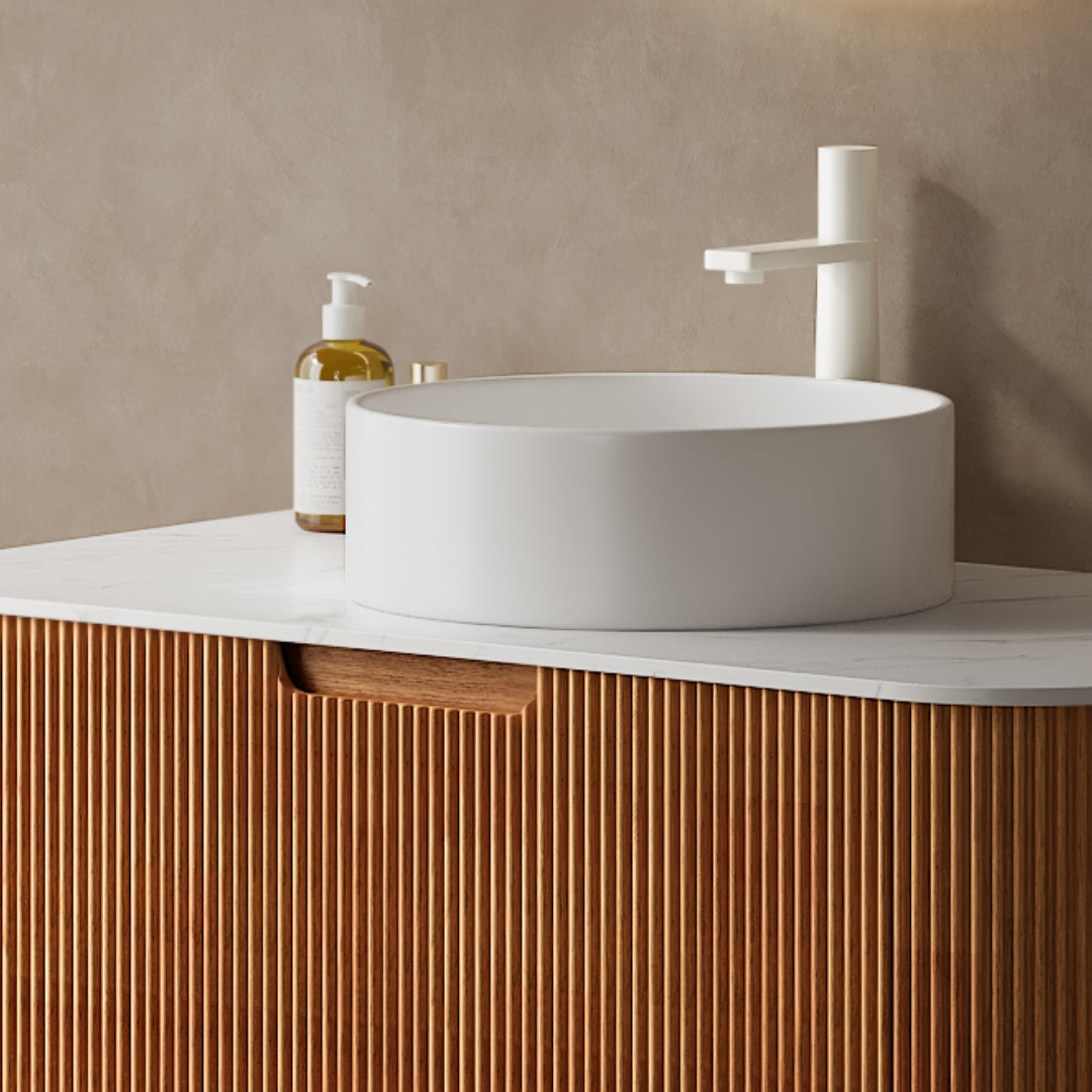 Round White Ceramic Above-Counter Vessel Bathroom Sink smooth cylindrical exterior
