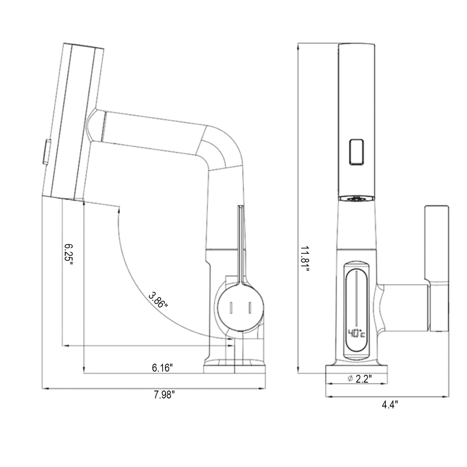 3 Water Flow Modes Lavatory Faucet with Temperature Display Dimensions