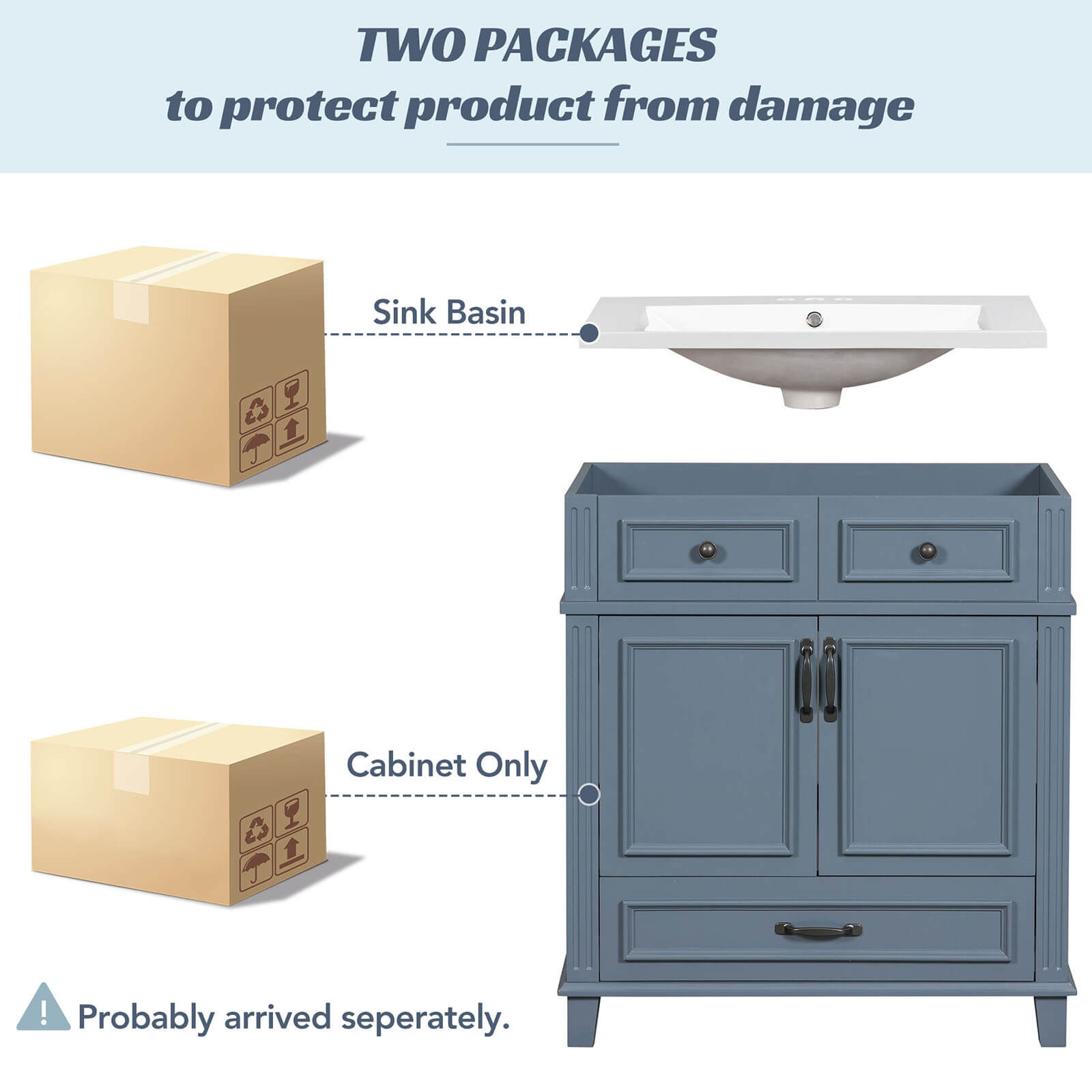 30 Inch Blue Grey Single Sink Bathroom Vanity with Bottom Drawer Package