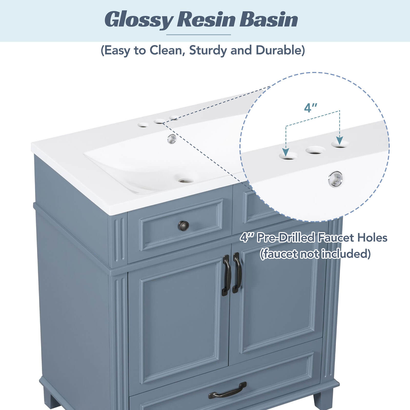 30 Inch Sink Hole with Bottom Drawer Blue Gray Single Sink Bathroom Vanity