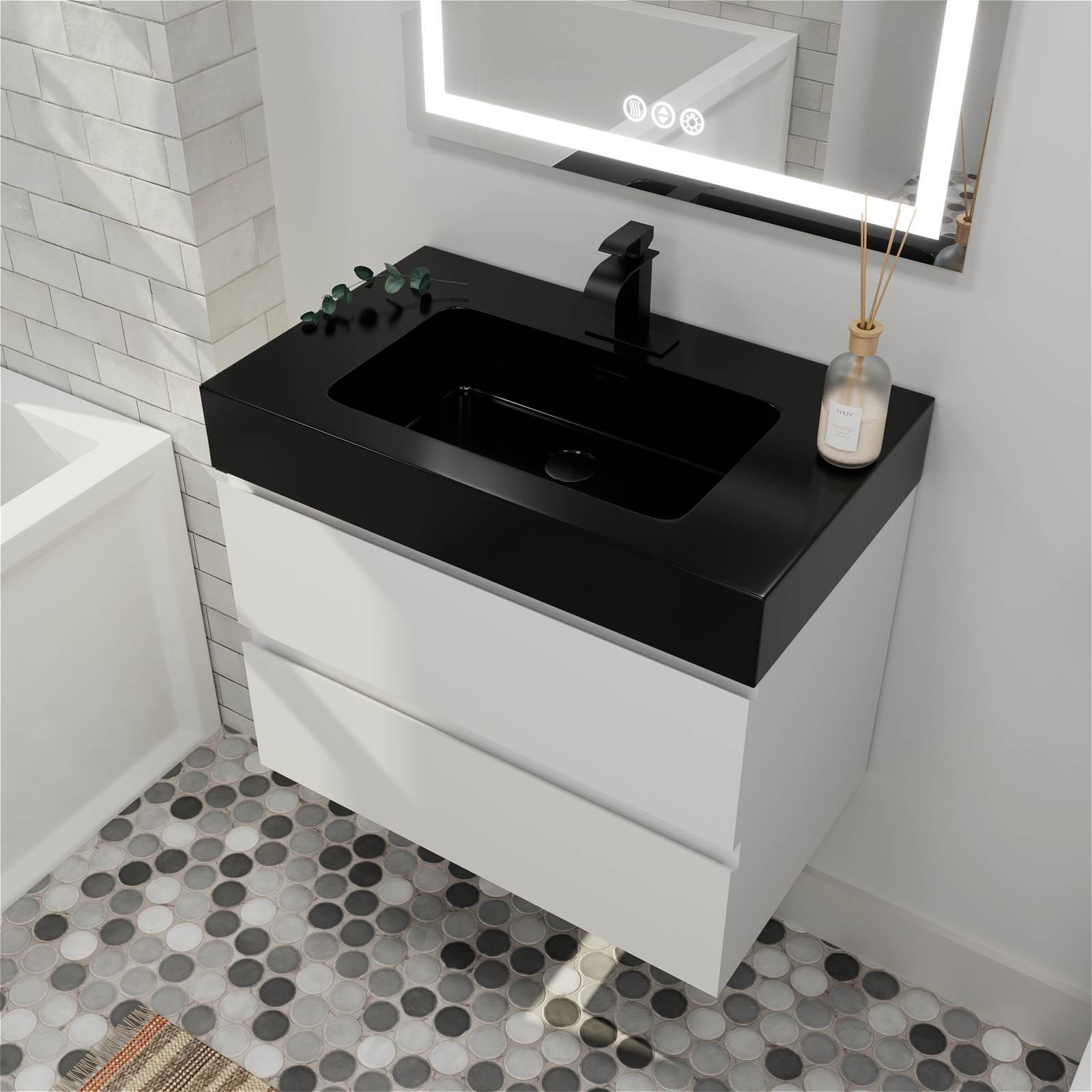 30 Inch White Floating Bathroom Vanity with Black Countertop