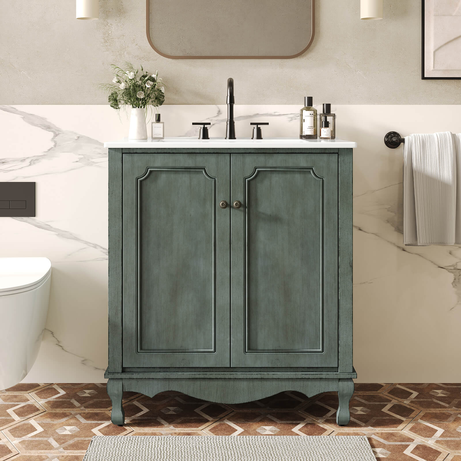 30 in Antique Green Bathroom Vanity with Adjustable Shelves