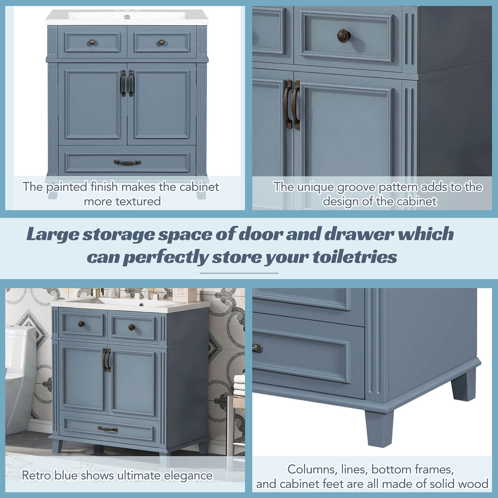 30 in Blue Grey Single Sink Bathroom Vanity with Bottom Drawer Finish Detail