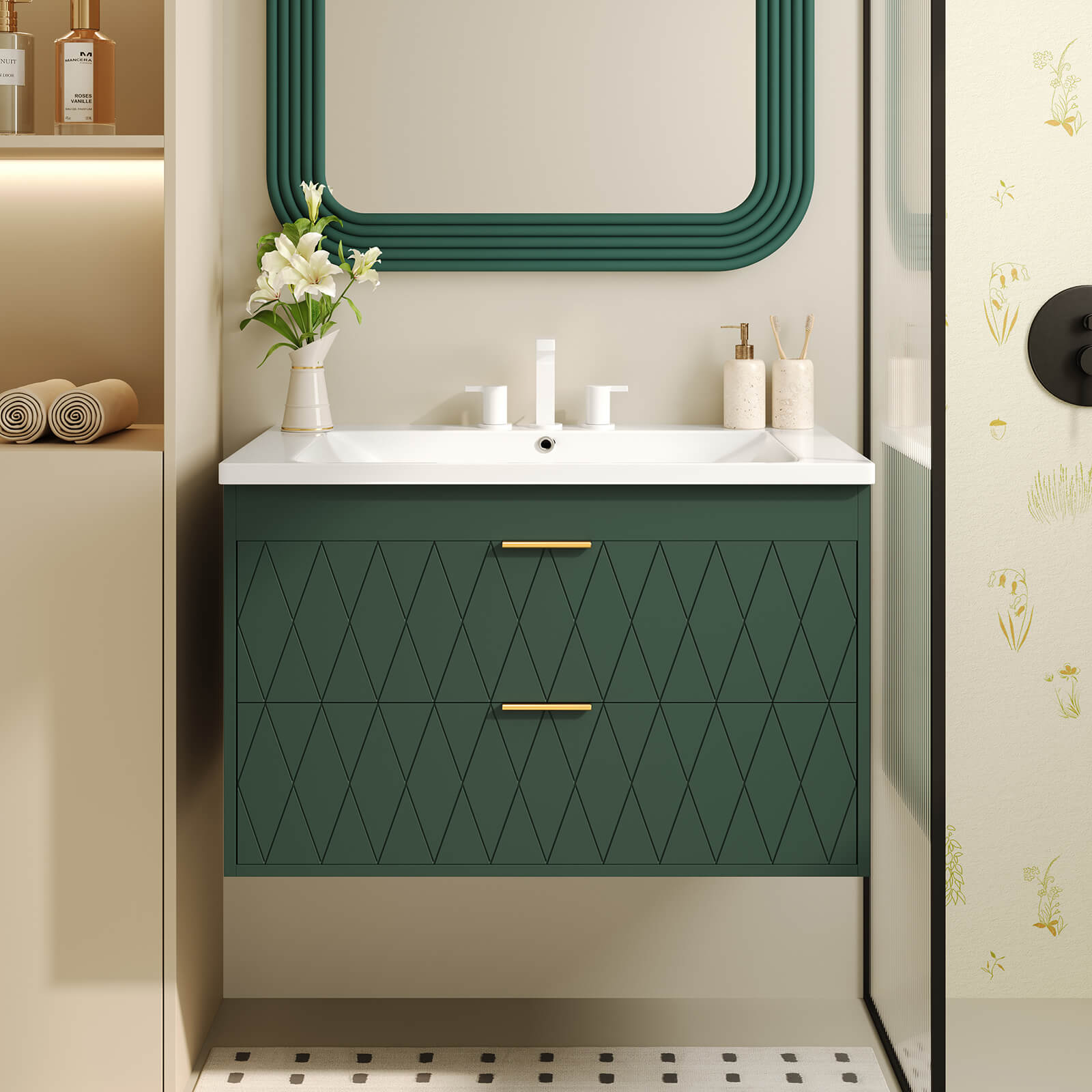 30" Green Bathroom Vanity with Gold Hardware - Giving Tree