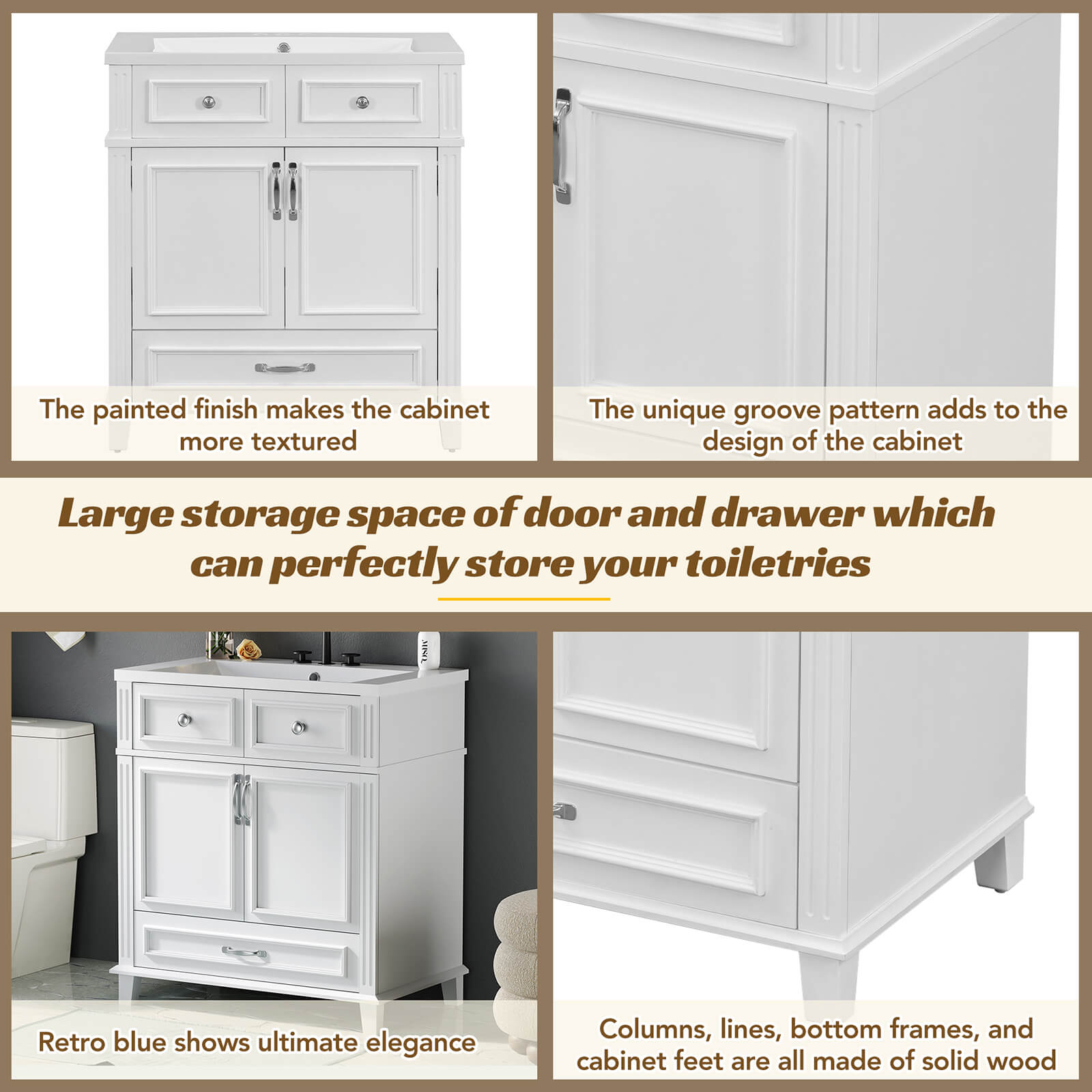 30 in White Single Sink Bathroom Vanity with Bottom Drawer Details