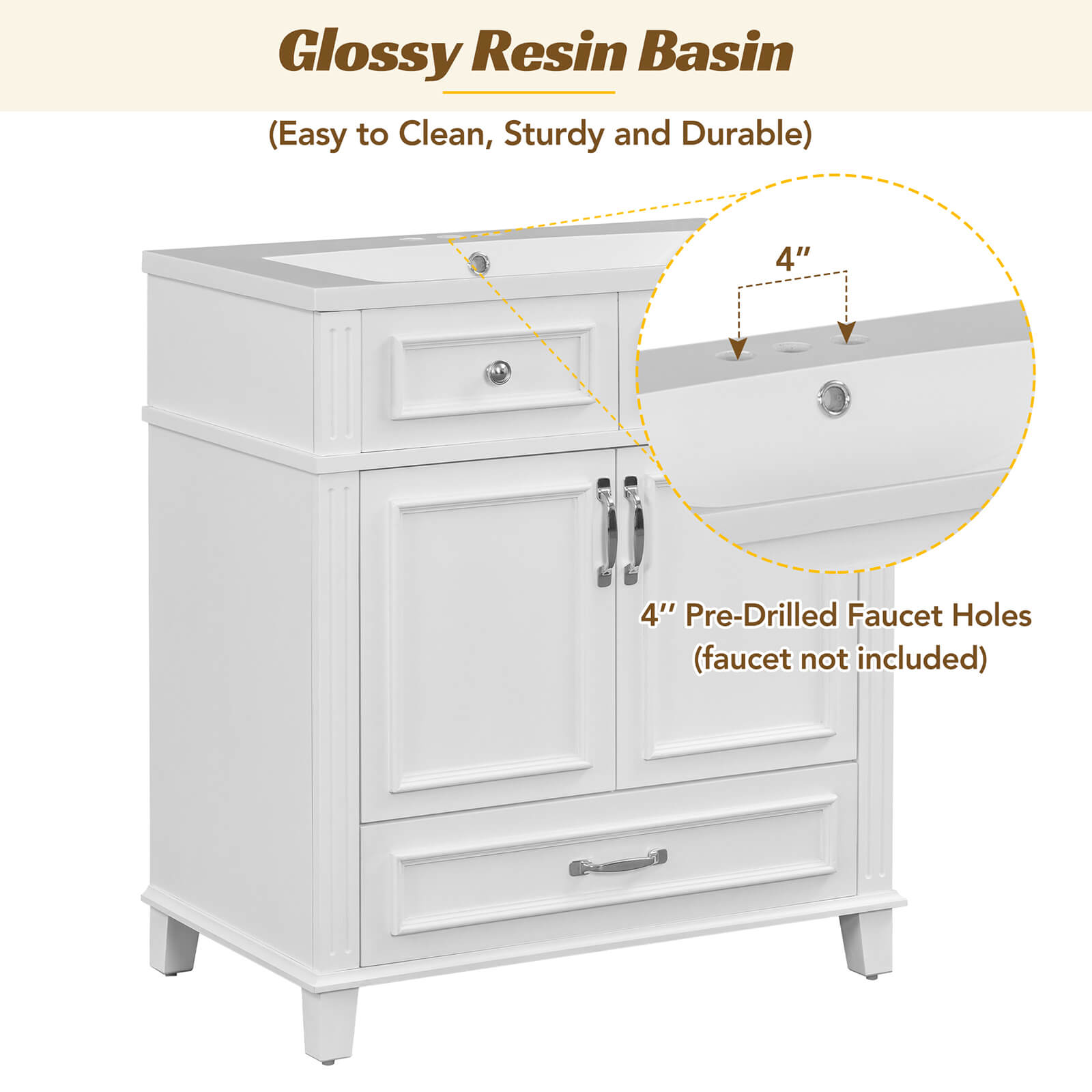 30 in White Single Sink Bathroom Vanity with Bottom Drawer Pre Mounted Holes