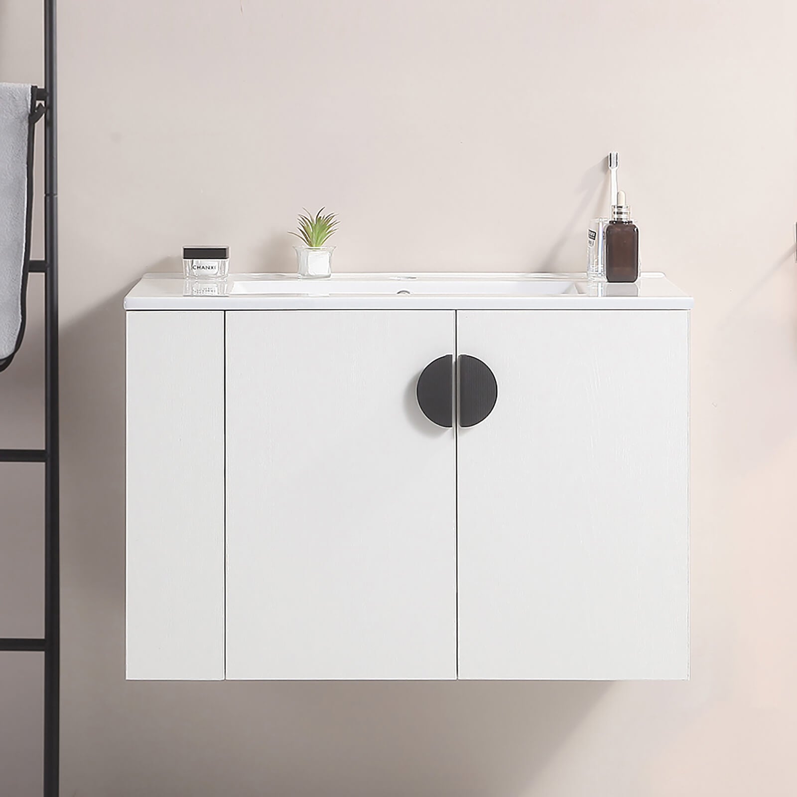 30 in White Wall Mounted Bathroom Vanity with Open Side Shelf