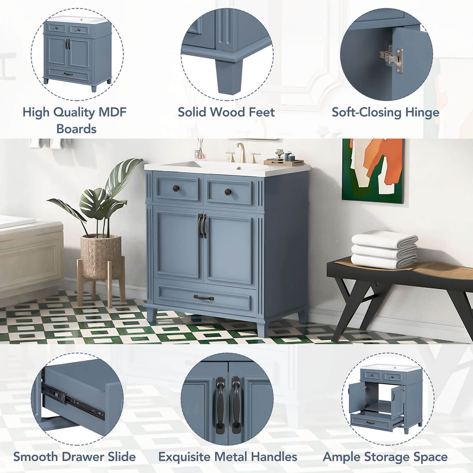 30 in blue grey single sink bathroom vanity with bottom drawer details