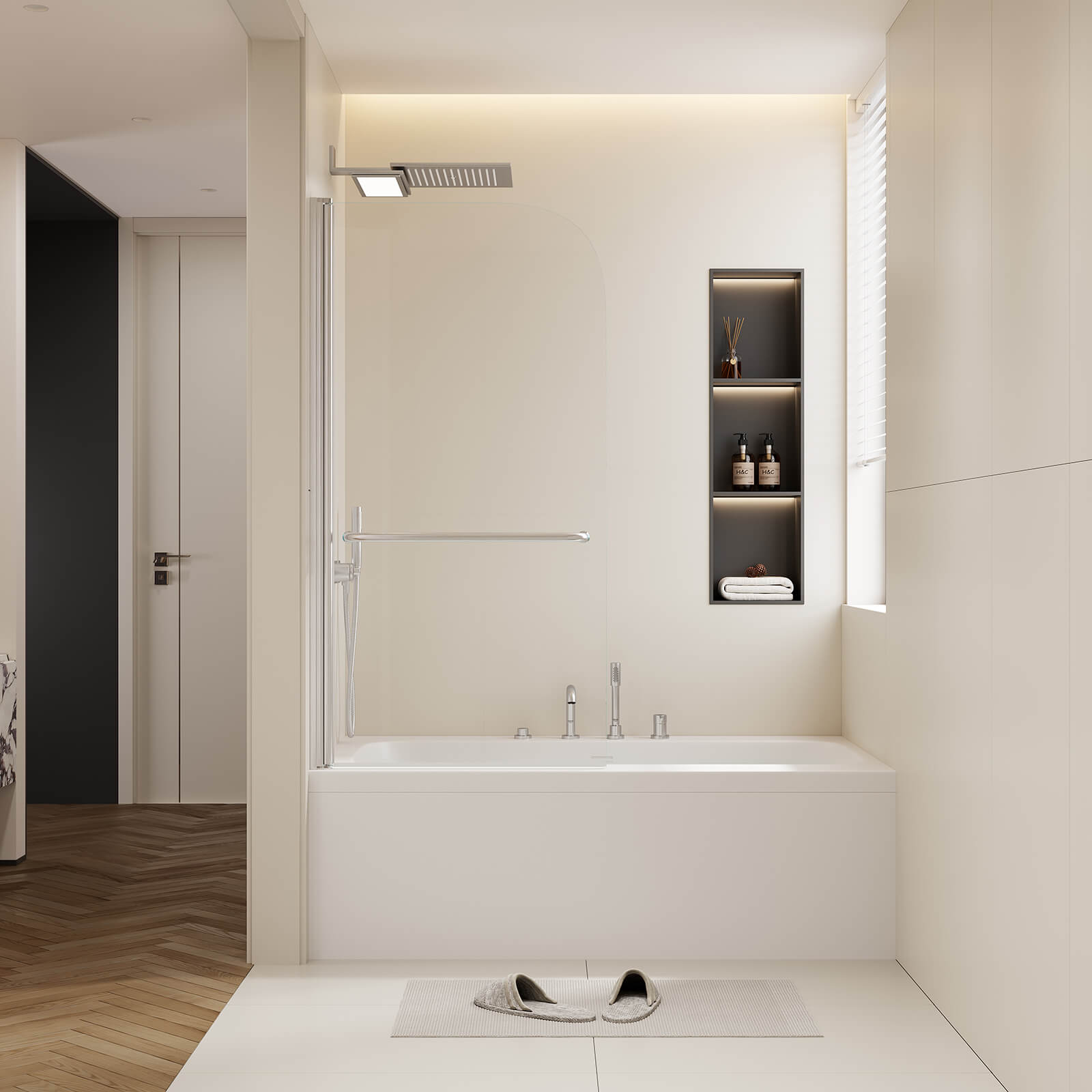 30 in x 58 in Brushed Nickel Bathtub Pivot Shower Door