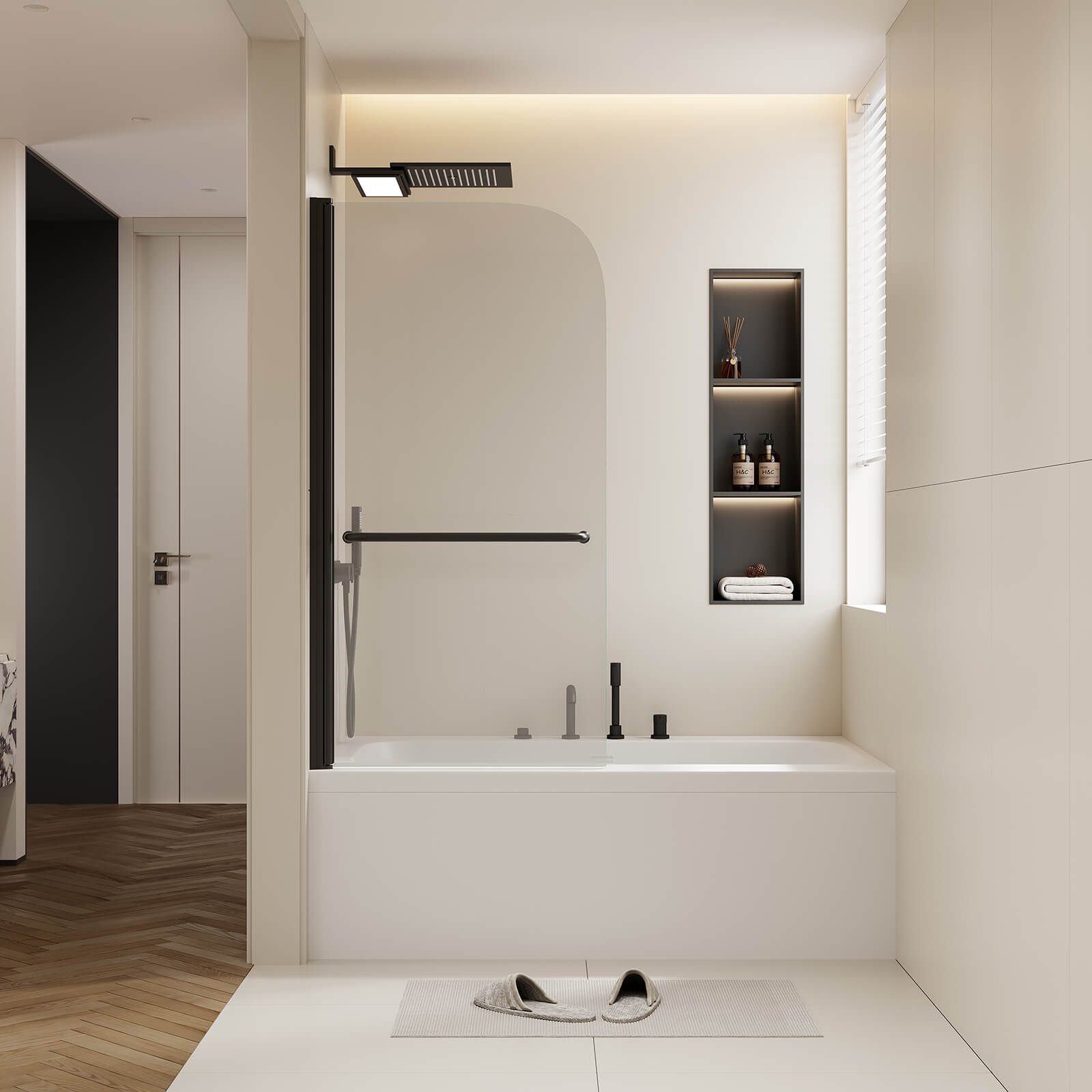 30 in x 58 in Matte Black Bathtub Pivot Shower Door