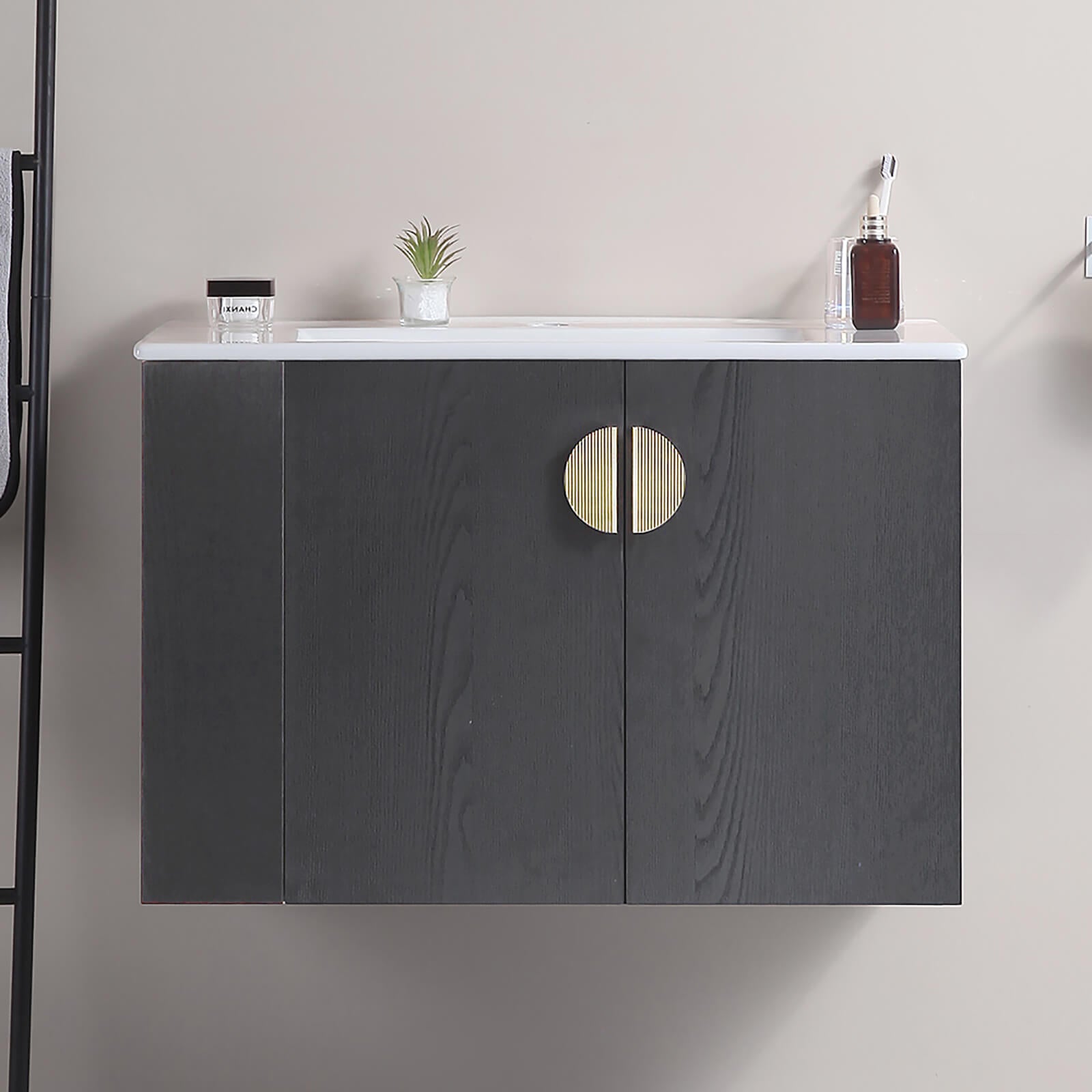 30 inch Black Wall Mounted Bathroom Vanity with Open Side Shelf