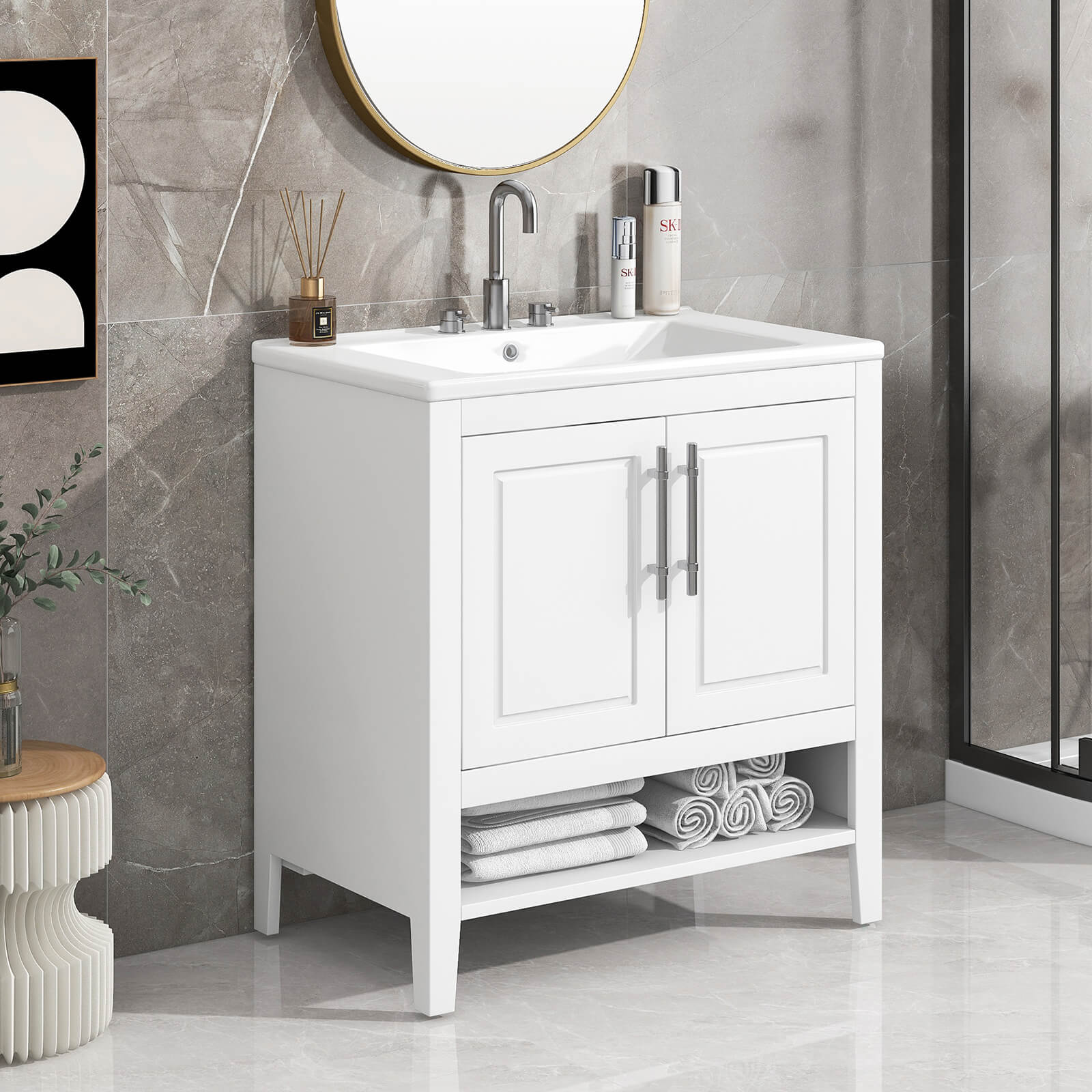 30 inch Compact Bathroom Storage Vanity with Integrated Sink