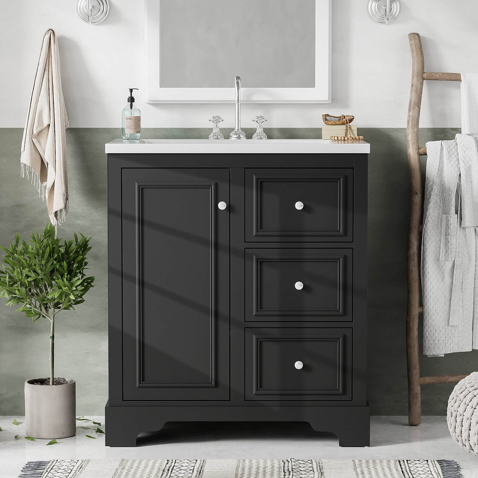 30 inch Freestanding Bathroom Vanity Set with Integrated Ceramic Sink Black
