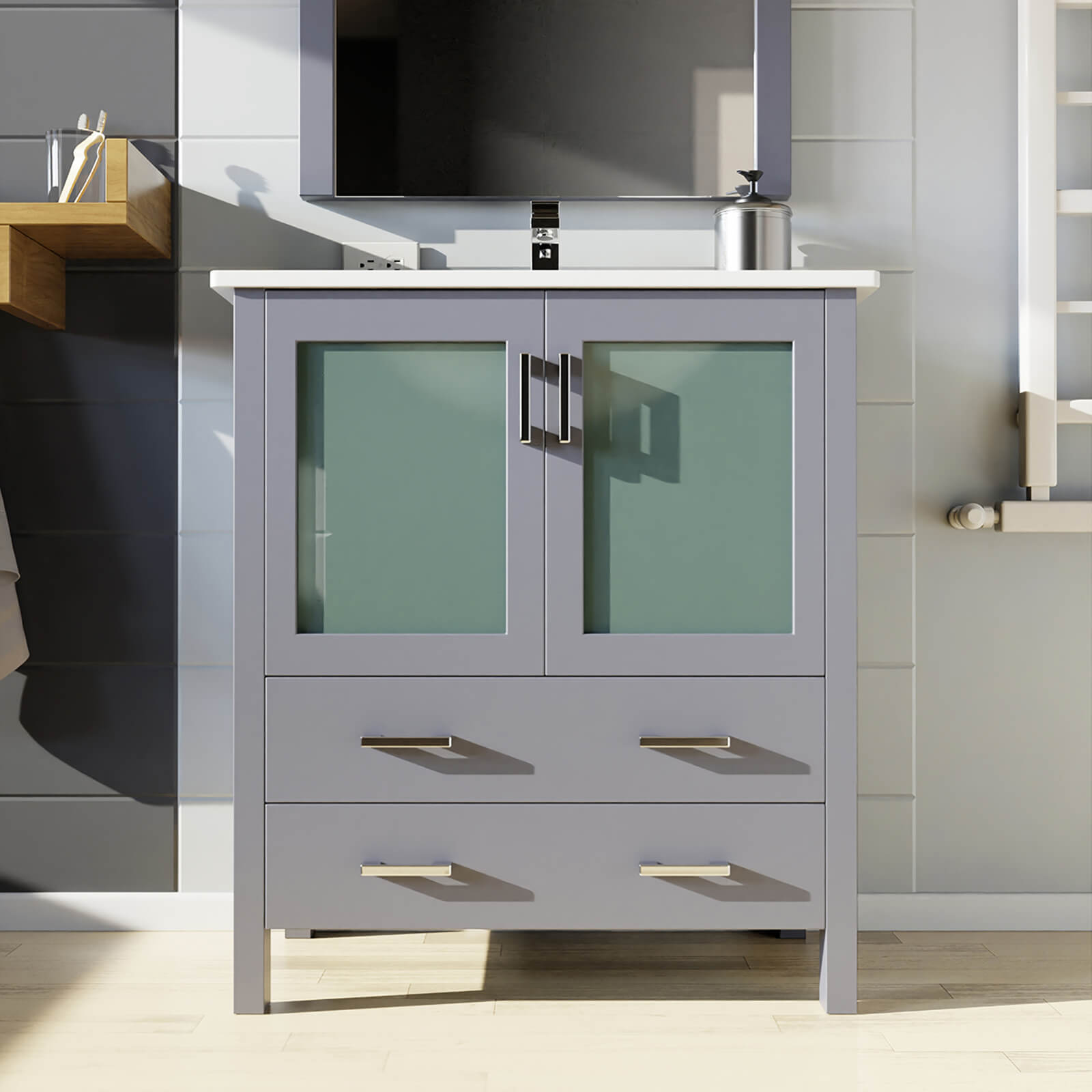 30 inch Gray Bathroom Vanity with Bottom Drawer and Glass Doors