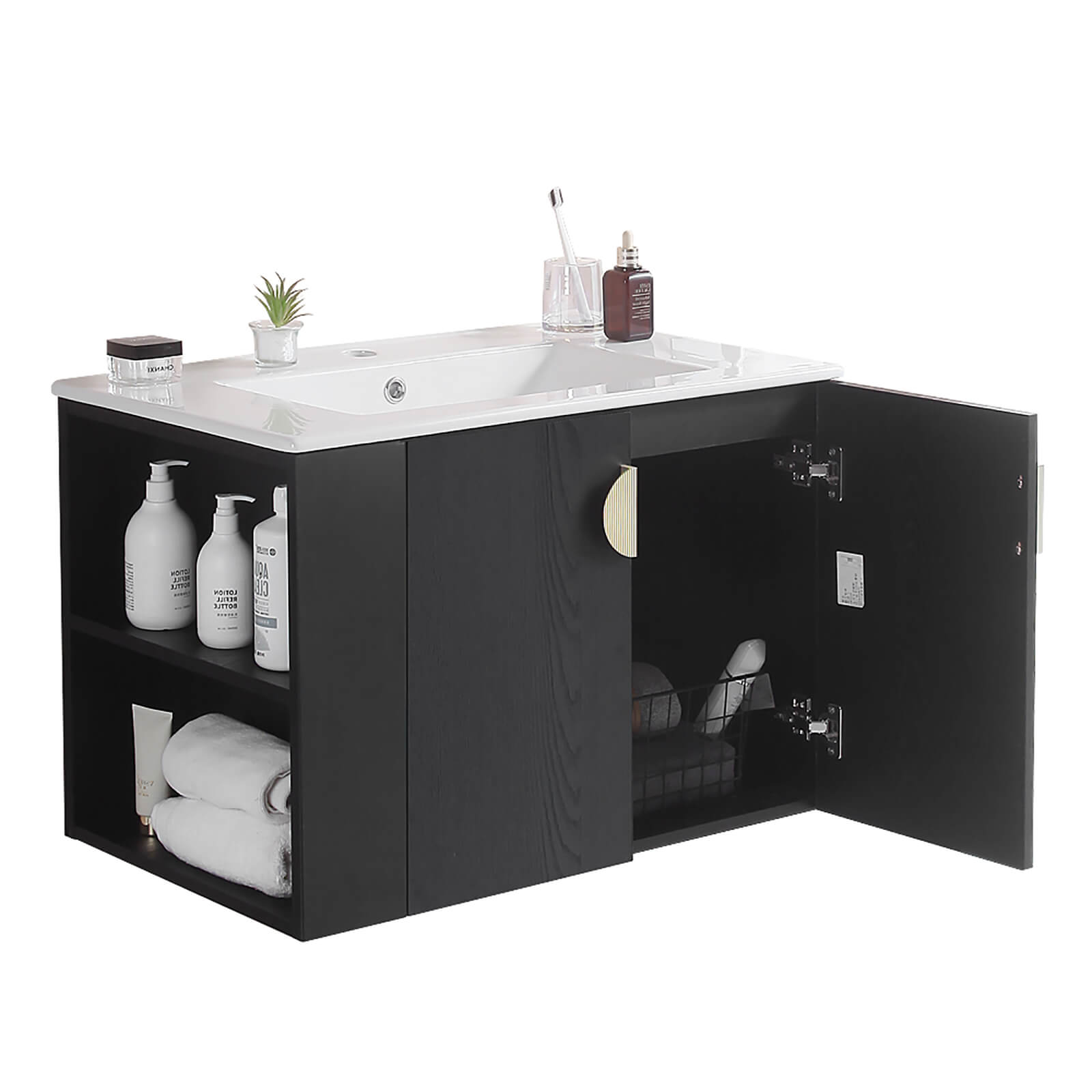 30 inch black floating vanity with open shelf