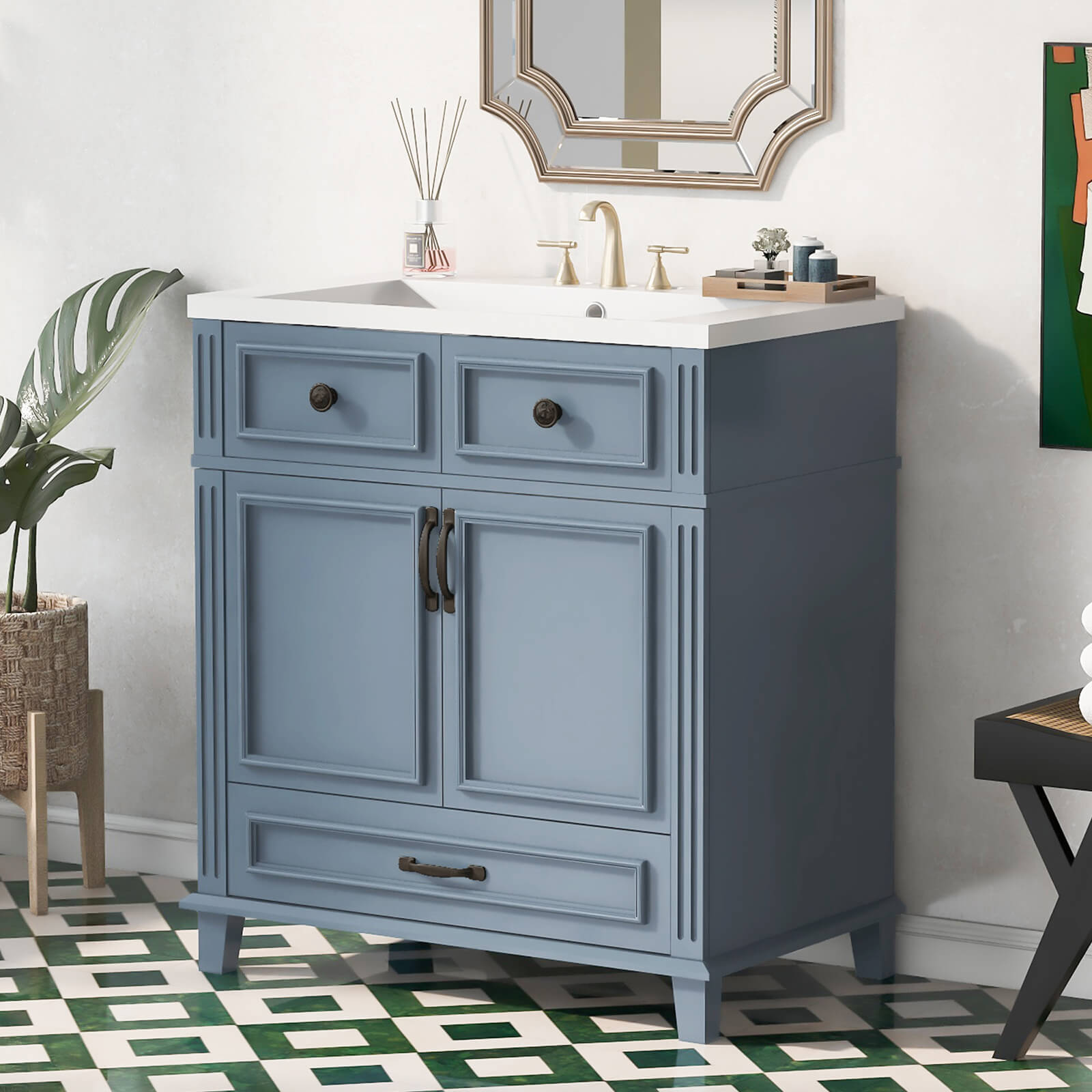 30 inch blue gray bathroom vanity with bottom drawer